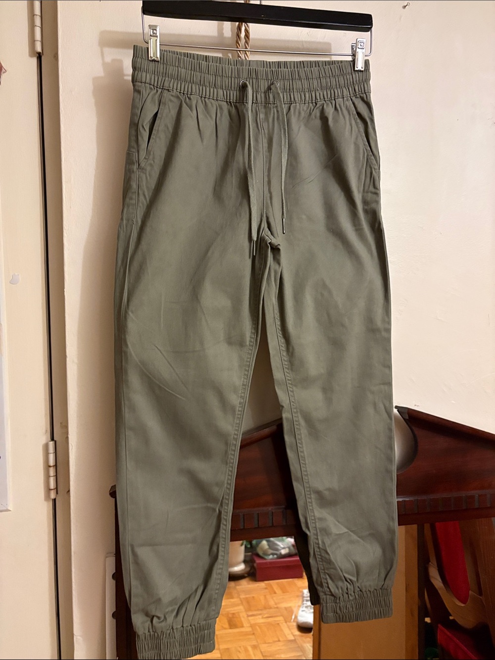 Olive Green Drawstring Jogger Pants. Cotton
